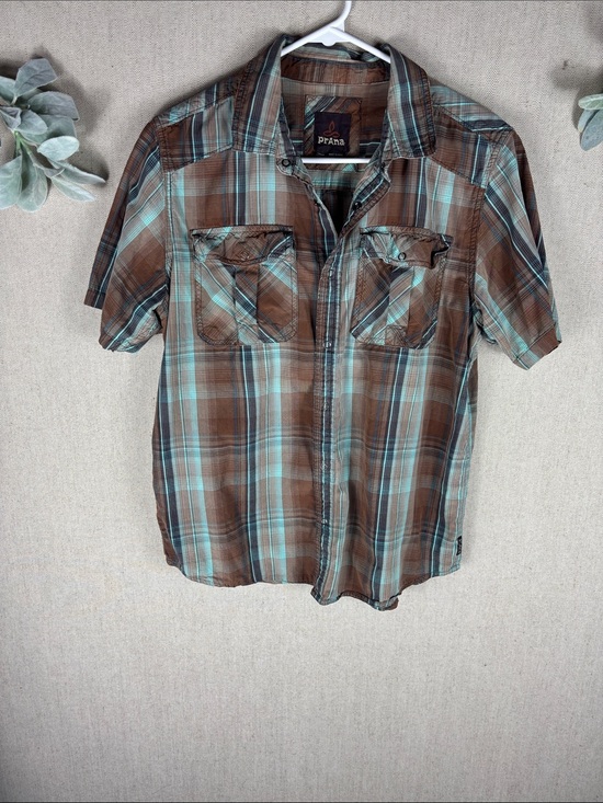 Prana Other - Prana > Brown and Teal Plaid Short-Sleeve Button-Down Shirt Medium